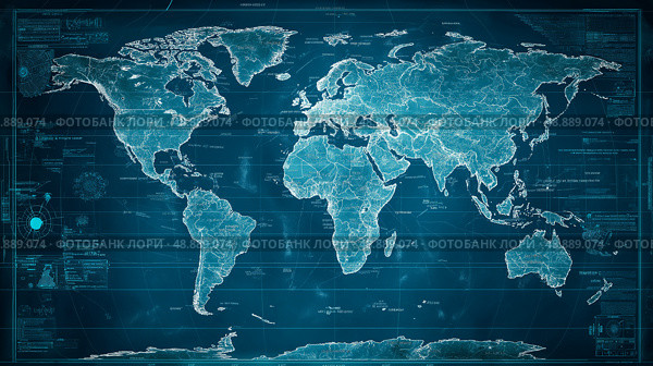 World map with detailed geographic features and grid layout displayed on a vibrant blue background. Стоковое AI-изображение, AI-художник Михаил Коханчиков / Фотобанк Лори