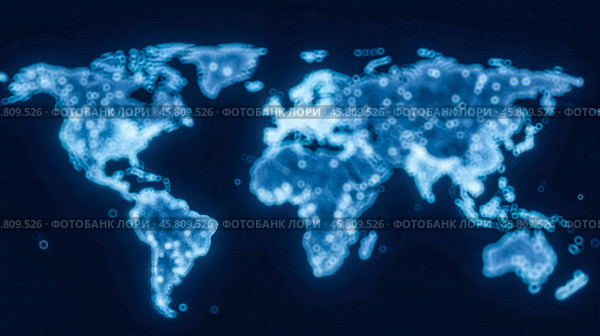World map with glowing blue lines showing global connections, digital communication, technology networks, international data exchange, modern information system. Стоковое AI-изображение, AI-художник Павел Муравьев / Фотобанк Лори
