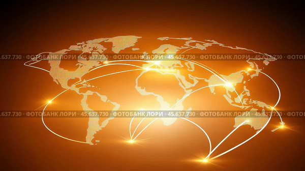 World map with glowing network connections in orange, symbolizing global communication, AI. Стоковое AI-изображение, AI-художник Сергей Старуш / Фотобанк Лори