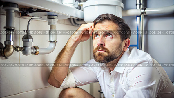 Worried Man Underneath A Leaky Sink Needs a Plumber. Generative AI. Стоковое AI-изображение, AI-художник Roman Zavorotny / Фотобанк Лори