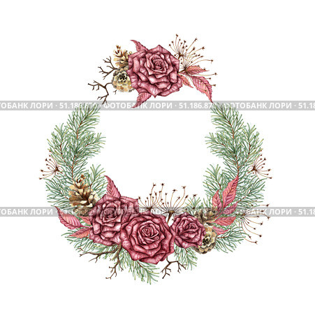 Wreath roses pine cones branches steam punk watercolor. Стоковая иллюстрация, иллюстратор Андрей Золотарев / Фотобанк Лори