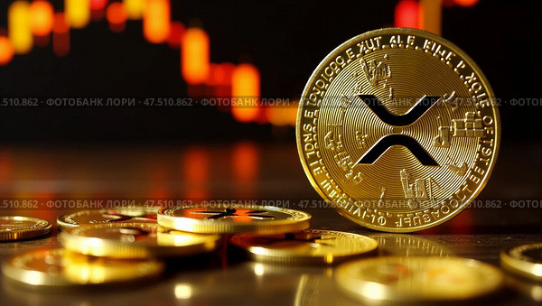 Xrp cryptocurrency coins with financial chart background. Редакционное AI-изображение, AI-художник Андрей Бакусов / Фотобанк Лори