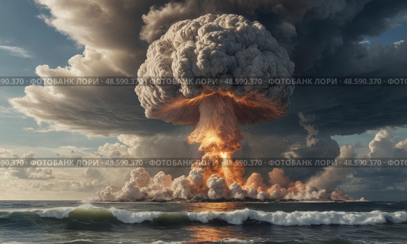 Ядерный взрыв с грибовидным облаком. Nuclear explosion with mushroom cloud. Стоковое AI-изображение, AI-художник Гер Олег / Фотобанк Лори