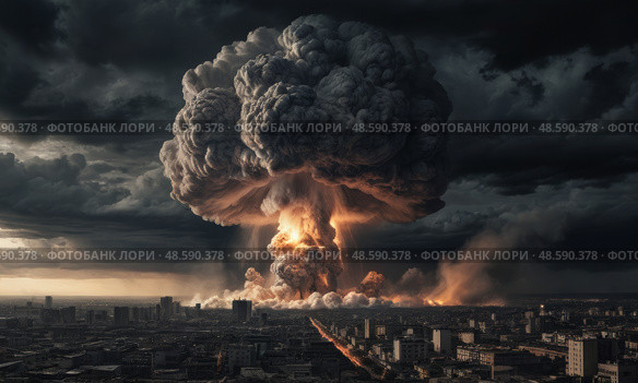 Ядерный взрыв с грибовидным облаком. Nuclear explosion with mushroom cloud. Стоковое AI-изображение, AI-художник Гер Олег / Фотобанк Лори