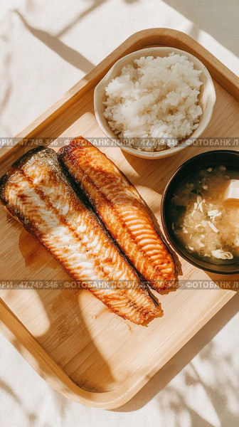 Японская кухня - лосось на гриле с рисом и супом мисо на деревянном подносе для кулинарного дизайна. Стоковое AI-изображение, AI-художник ФотоИнтеллект / Фотобанк Лори