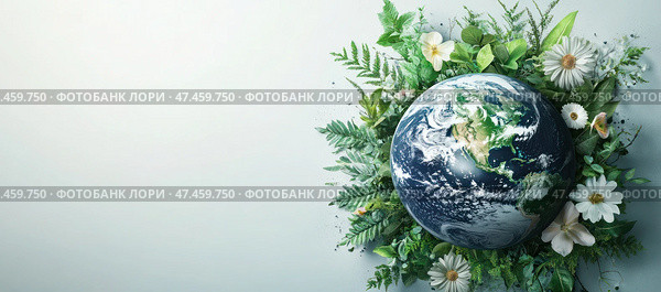 Яркое изображение земного шара, окруженного пышными цветами, символизирует красоту природы и гармонию в окружающей среде. Стоковое AI-изображение, AI-художник Ярославский Максим / Фотобанк Лори