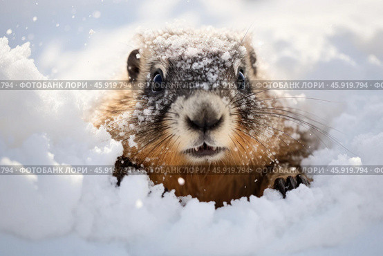 Yellow bellied marmot emerging from snow covered burrow. Стоковое AI-изображение, AI-художник Иван Рябоконь / Фотобанк Лори