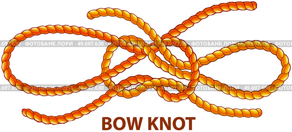 Yellow nautical rope knot, interweaving of ropes, cables, tapes or other flexible linear materials. Bow knot isolated on white. Household binding and fastening unit for permanent fastening. Bow knot isolated on white. Household binding and fastening unit for permanent fastening. Стоковая иллюстрация, агентство Ingram Publishing / Фотобанк Лори