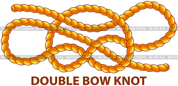 Yellow nautical rope knot, interweaving of ropes, cables, tapes or other flexible linear materials. Double bow knot isolated on white. Household binding and fastening unit for permanent fastening. Double bow knot isolated on white. Household binding and fastening unit for permanent fastening. Стоковая иллюстрация, агентство Ingram Publishing / Фотобанк Лори