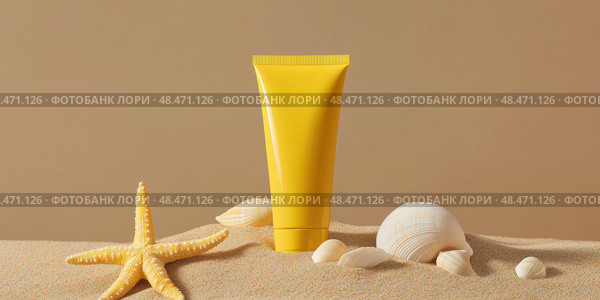 Yellow Sunscreen cream tube, starfishes and seashells on a sand top view. Cosmetic mockup. Sunblock lotion on sandy beach background. Summer vacation care concept, sun screen product, spf uv protect. Стоковое AI-изображение, AI-художник Марина Демидюк / Фотобанк Лори
