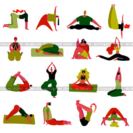 Yoga asanas collection from beginner to advanced seated standing stretching twisted with lotus pose isolated vector illustration . Yoga Poses Asanas Set . Стоковая иллюстрация, агентство Ingram Publishing / Фотобанк Лори