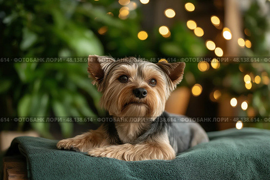 Yorkshire terrier relaxing in a cozy setting with festive lights. Йоркширский терьер отдыхает в уютной обстановке с праздничными огнями. Стоковое AI-изображение, AI-художник Katsiaryna Repich / Фотобанк Лори