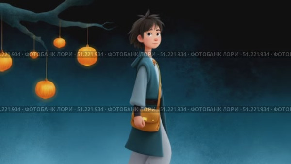 Young adventurer walking moonlit forest trail, glowing pumpkins illuminating mystical landscape, revealing enchanted nighttime journey through magical woodland scenery. Стоковое AI-видео, аниматор Юрий Поздников / Фотобанк Лори