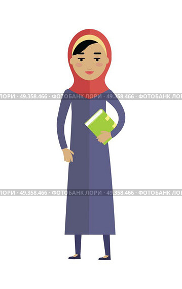 Young Arabian Woman with Book Isolated on White. Young arabian woman with book isolated on white background. Portrait of beautiful girl in red paranja. Attractive muslim woman full length. Part of series of people of the world. Vector illustration. Стоковая иллюстрация, агентство Ingram Publishing / Фотобанк Лори