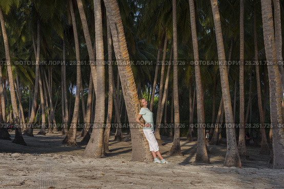 Young beautiful woman standing in a tropical forest leaning on a palm tree. Стоковое фото, фотограф Некрасов Андрей / Фотобанк Лори