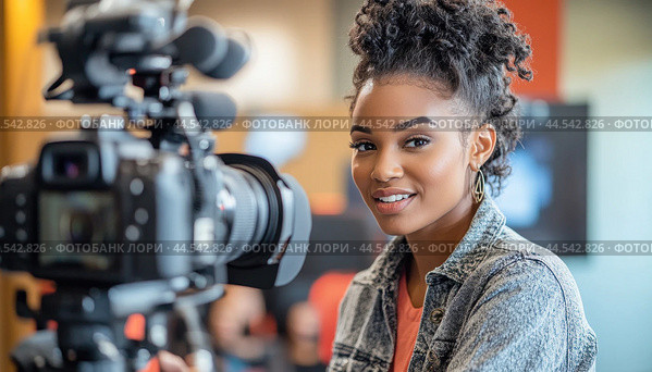 Young black woman videographer smiling while operating camera on set. Стоковое AI-изображение, AI-художник Юрий Поздников / Фотобанк Лори