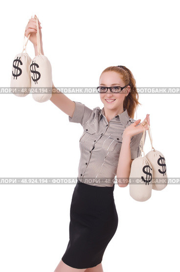 Young businesswoman with money sacks on white. Стоковое фото, агентство Ingram Publishing / Фотобанк Лори
