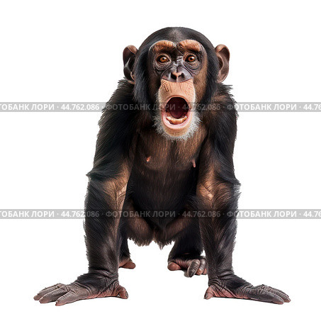 Young chimpanzee standing and screaming on white background. Стоковое AI-изображение, AI-художник Иван Рябоконь / Фотобанк Лори