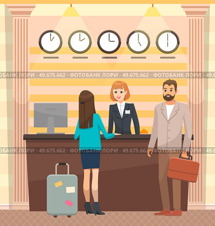 Young couple with suitcases standing at reception desk. People communicating with hotel administrator. Registration and receipt of hotel room. Facility staff services visitors, helps with booking. Young couple with suitcases standing at reception desk. People communicate with hotel administrator. Стоковая иллюстрация, агентство Ingram Publishing / Фотобанк Лори