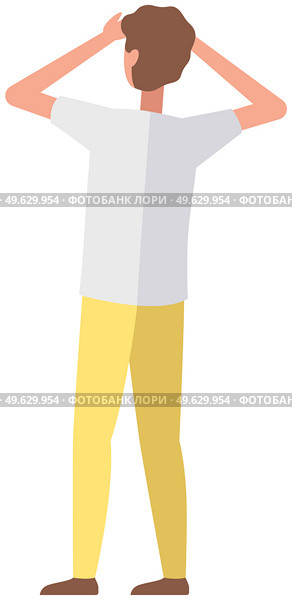 Young faceless man holds hands in front of face and touches forehead. Male character raises his arms up. Guy is looking at object behind him vector illustration. Person stands with his back to viewer. Young faceless man holds hands in front of face and touches forehead. Guy raises his arms up. Стоковая иллюстрация, агентство Ingram Publishing / Фотобанк Лори