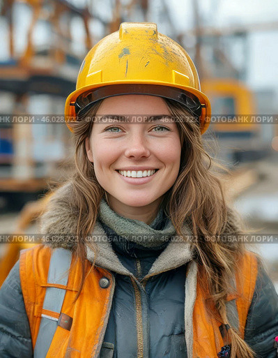 Young female engineer at construction site observes safety precautions. Workplace safety. Стоковое AI-изображение, AI-художник Сергей Елизарьев / Фотобанк Лори