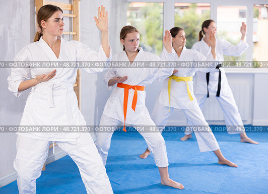 Young female students repeat position and perform sequence of punches and painful techniques kata. Стоковое фото, фотограф Яков Филимонов / Фотобанк Лори