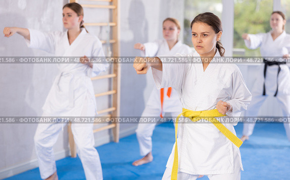 Young female students repeat position and perform sequence of punches and painful techniques kata. Стоковое фото, фотограф Яков Филимонов / Фотобанк Лори