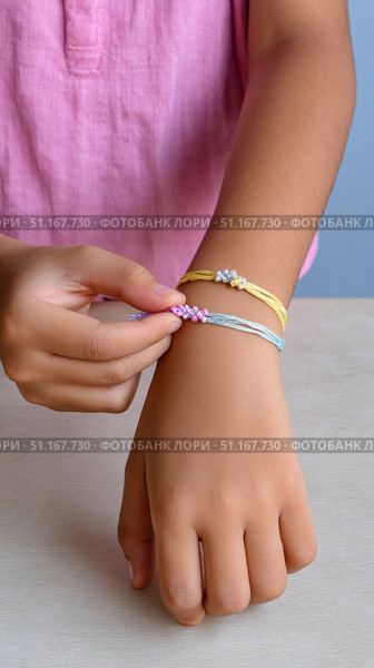 Young female weaving colorful friendship bracelets, using bright threads and small beads, developing creativity and manual dexterity through enjoyable crafting process. Стоковое AI-изображение, AI-художник Юрий Поздников / Фотобанк Лори