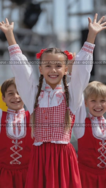 Young girl in traditional costume performing folk dance with raised arms. Стоковое AI-видео, аниматор Юрий Поздников / Фотобанк Лори
