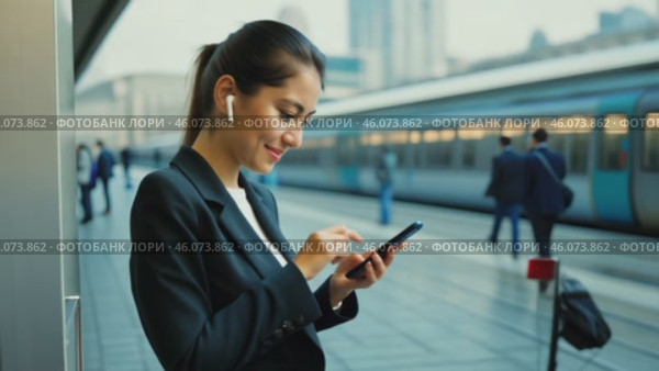 Young girl listen music in headphones and hold smartphone in subway car travel underground use wireless internet connection. Happy female chatting online in mobile phone messenger watch video in metro. standing on the railway station crossing near the train. Стоковое видео, видеограф ALLA YURTAYEVA / Фотобанк Лори