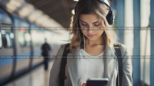 Young girl listen music in headphones and hold smartphone in subway car travel underground use wireless internet connection. Happy female chatting online in mobile phone messenger watch video in metro. standing on the railway station crossing near the train. Стоковое видео, видеограф ALLA YURTAYEVA / Фотобанк Лори