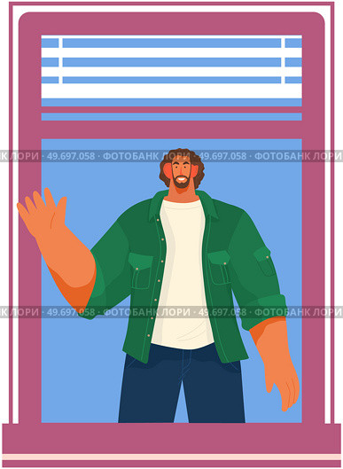 Young happy man waving hands. Smiling parent or friends gesturing with smile. Male characters different nations representatives stand in window hole people with greeting gesture. Young happy man waving hands. Smiling friends gesturing with smile stand in window hole. Стоковая иллюстрация, агентство Ingram Publishing / Фотобанк Лори