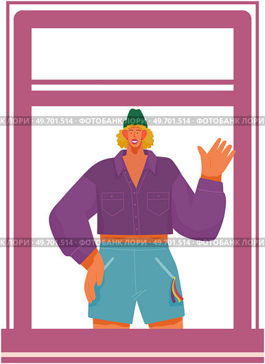 Young happy woman waving hands. Smiling parent or friends gesturing with smile. Female characters different nations representatives stand in window hole people with greeting gesture. Young happy woman waving hands. Smiling friends gesturing with smile stand in window hole. Стоковая иллюстрация, агентство Ingram Publishing / Фотобанк Лори