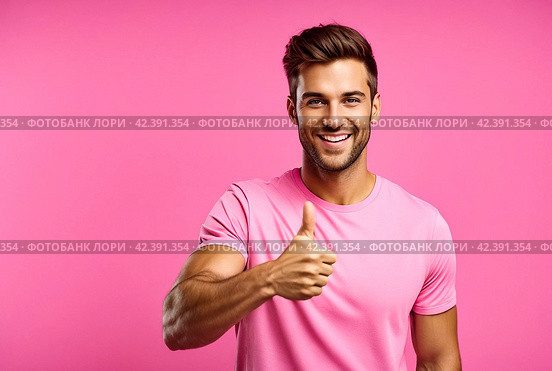 Young man at pink background showing gesture up, very happy and excited, looking at camera. Guy in t-shirt with sign good, smiling and thinking for success. Winning concept. Copy text space. Стоковое AI-изображение, AI-художник Aleksandr Golubev / Фотобанк Лори