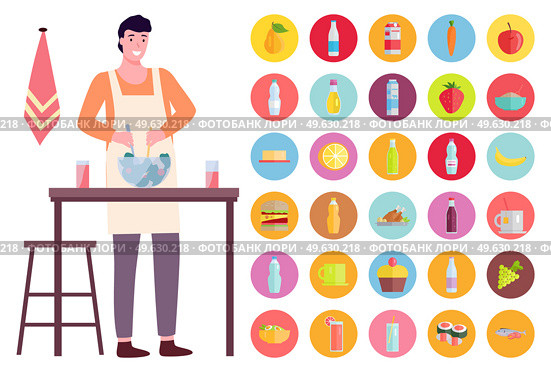 Young man cooking salad in the kitchen. Set of products ingredients signs. Household activity, everyday duties and chores. Man in a kitchen apron stands near the table and prevents salad in a bowl. Young man cooking salad in the kitchen. Household activity, housekeeping, everyday duties and chores. Стоковая иллюстрация, агентство Ingram Publishing / Фотобанк Лори