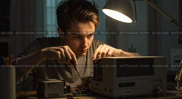 Young man focused on repairing vintage electronics at a worktable. Стоковое AI-изображение, AI-художник Ольга Невская / Фотобанк Лори