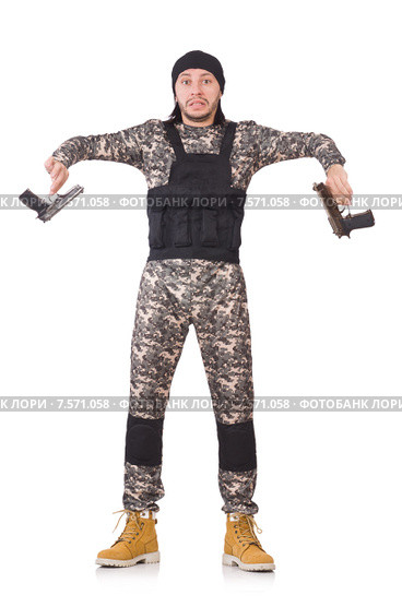 Young man in military uniform holding gun isolated on white. Стоковое фото, фотограф Elnur / Фотобанк Лори