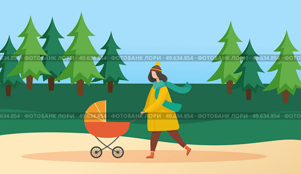 Young parent strolling in park with orange baby stroller. Mother rolls stroller with newborn. Family walking in park vector illustration. Mom and child on background of coniferous forest with trees. Young parent strolling in park with baby. Mother rolls stroller with newborn. Family walking outdoor. Стоковая иллюстрация, агентство Ingram Publishing / Фотобанк Лори