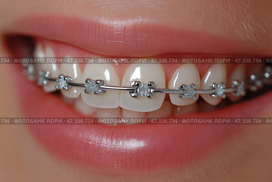 Young person smiling with braces adorned with clear gems in close-up. брекеты. Яркая улыбка демонстрирует ровные зубы, укрепленные серебряными брекетами со сверкающими прозрачными драгоценными камнями. Основное внимание уделяется эстетике зубов, демонстрации ортодонтической работы и личной уверенности. Стоковое AI-изображение, AI-художник Katsiaryna Repich / Фотобанк Лори