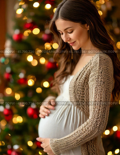 Young pregnant woman against the background of multi-colored Christmas tree lights. Close-up. The woman will soon become a mother. Стоковое AI-изображение, AI-художник Сергей Елизарьев / Фотобанк Лори