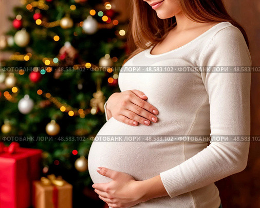 Young pregnant woman against the background of multi-colored Christmas tree lights. Close-up. The woman will soon become a mother. Стоковое AI-изображение, AI-художник Сергей Елизарьев / Фотобанк Лори