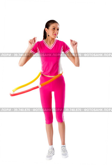 Young pretty woman in sport suit with hula hoop. Стоковое фото, фотограф Сергей Буторин / Фотобанк Лори
