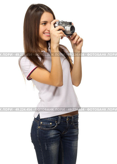 Young travelling girl isolated on white. Стоковое фото, агентство Ingram Publishing / Фотобанк Лори