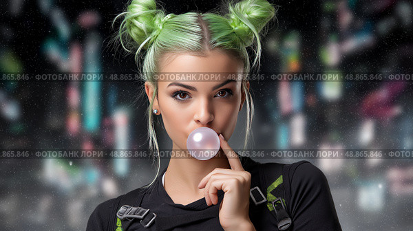 Young woman blowing bubblegum in urban atmosphere with vibrant background. Молодая женщина дует бубльгум в городской атмосфере на ярком фоне. Стоковое AI-изображение, AI-художник Katsiaryna Repich / Фотобанк Лори
