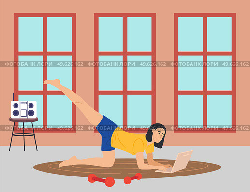 Young woman doing sport at home and correspondence surfing the Internet. Girl communicating through network on the laptop doing gymnastics. Social media network communication digital gadget addiction. Young woman doing sport at home and correspondence surfing the Internet. Doing yoga, typing laptop. Стоковая иллюстрация, агентство Ingram Publishing / Фотобанк Лори