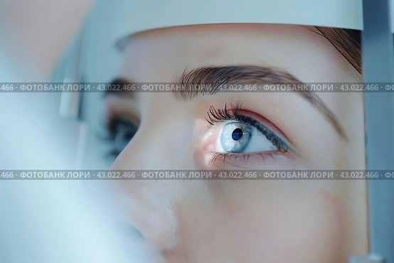 Young woman her eyes checked with ophthalmic equipment. Eye exam and optometry for medical, vision and healthcare consultation, glaucoma check. Beautiful girl testing for eyecare. Optics, examination. Стоковое AI-изображение, AI-художник Марина Демидюк / Фотобанк Лори