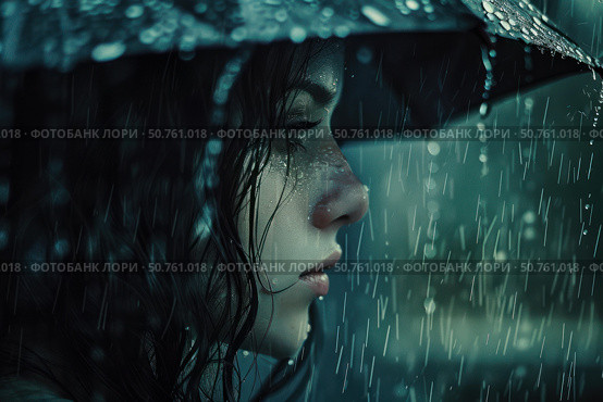 Young woman holding umbrella sheltering from heavy rain during a stormy day. Стоковое AI-изображение, AI-художник Иван Рябоконь / Фотобанк Лори