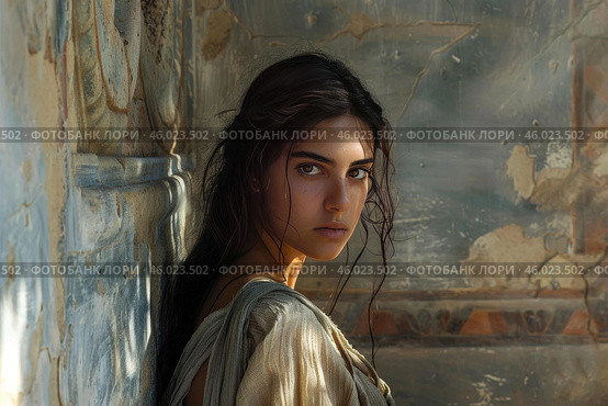 Young woman posing in ancient ruins with faded frescoes. Стоковое AI-изображение, AI-художник Иван Рябоконь / Фотобанк Лори