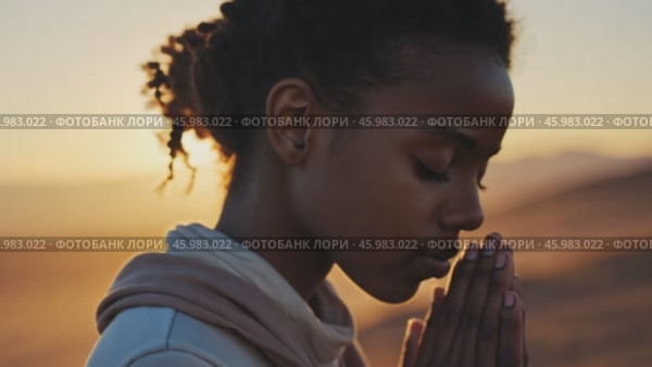 Young woman praying with closed eyes at sunset in desert. Стоковое AI-видео, аниматор Юрий Поздников / Фотобанк Лори