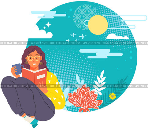 Young woman reading book. Leisure and education. Concept of relaxation with reading literature. Girl relaxing at home and drinking coffee, romantic dreams. Student reads textbook holds cup in hand. Young woman reading book. Leisure and education. Concept of relaxation with reading literature. Стоковая иллюстрация, агентство Ingram Publishing / Фотобанк Лори